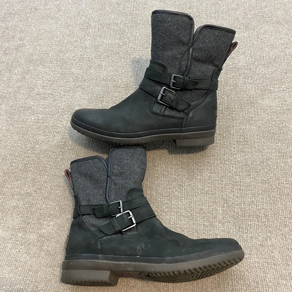 UGG Boots Womens Size 10 Black‎ Leather Shearling Mid Calf Waterproof Zip Buckle